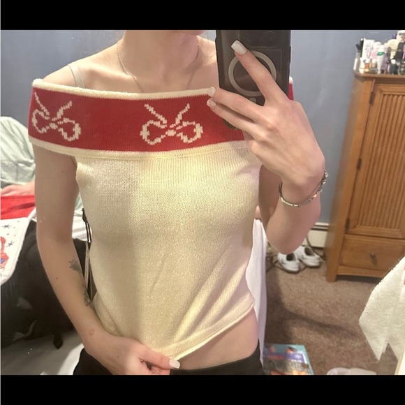 NWT Pacsun Holiday Bow Off the Shoulder Knit Top with Bows - Picture 2 of 3